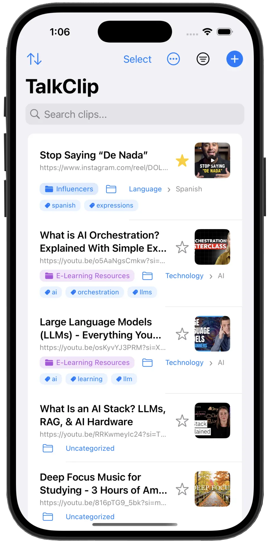 TalkClip App - Main Screen showing content library with thumbnails